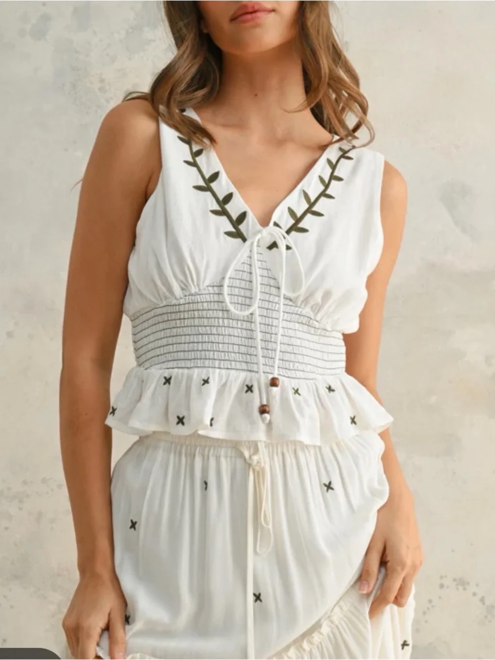 Miou Muse Crème and Olive  Boho Embroidered Sleeveless Smocked Top